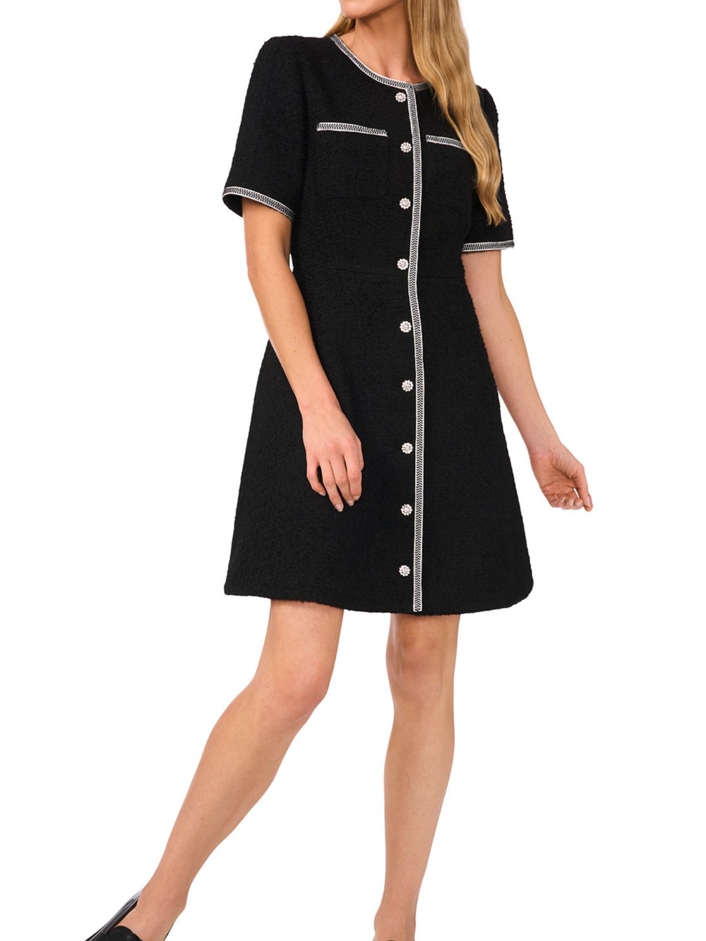 CeCe Black Tweed A-Line Button-Front Skirt with Contrast Trim